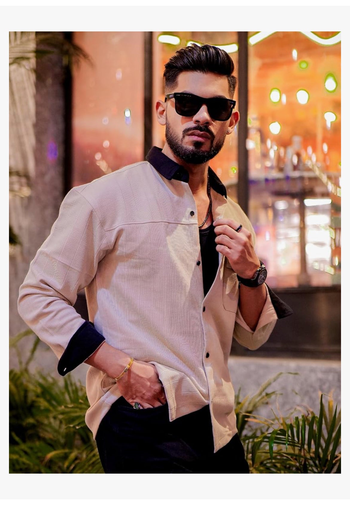 Mens Solid Collared Neck Full Sleeve Biscuit and Black Cotton Shirt