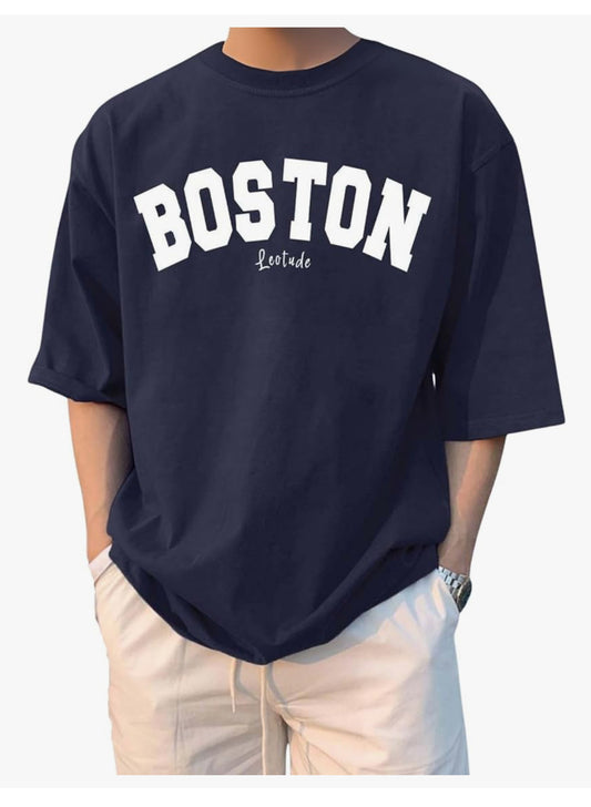 Man Cotton Blend Graphic Print Round Neck Half Sleeve Drop Shoulder Oversized T Shirt