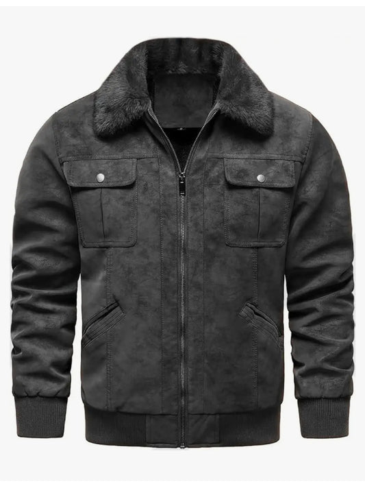 Men's Faux Suede Bomber Jacket, Fur Collar, Fleece Lining