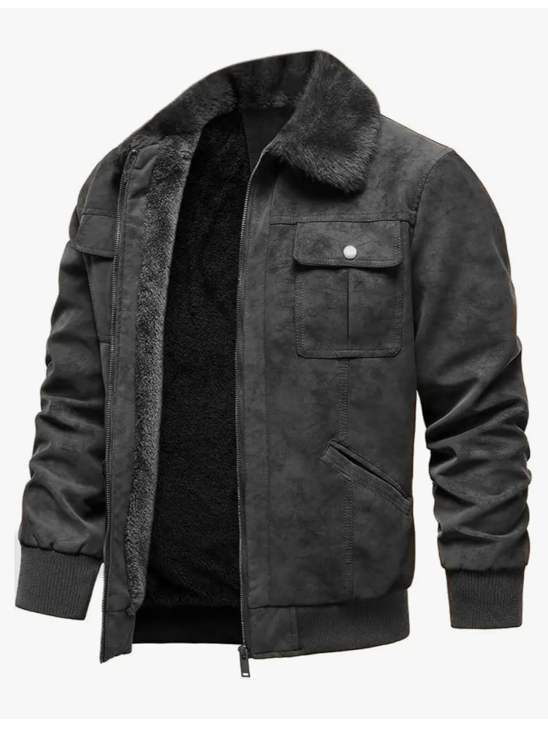 Men's Faux Suede Bomber Jacket, Fur Collar, Fleece Lining