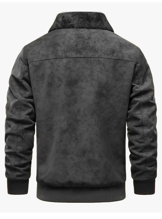 Men's Faux Suede Bomber Jacket, Fur Collar, Fleece Lining