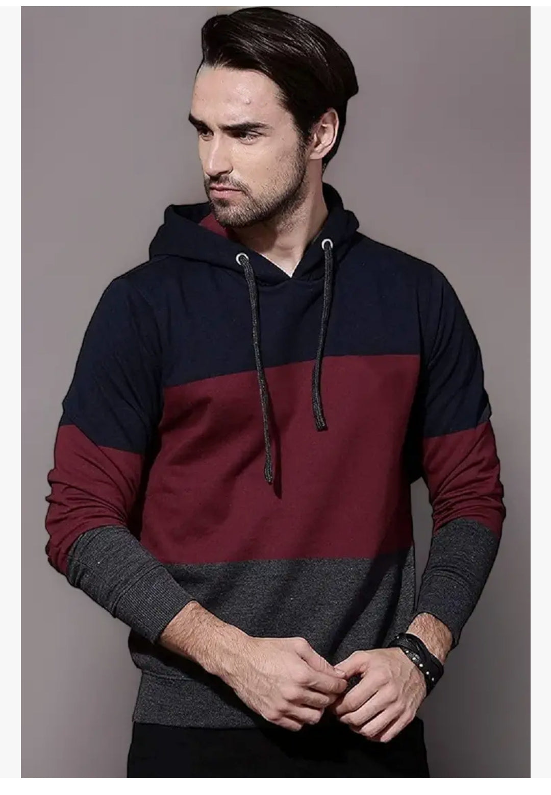 Material Regular Fit Full Sleeves Hooded Neck Navy & Maroon Colorblock Winter Wear Casual Jacket Sweatshirt Hoodie for Me