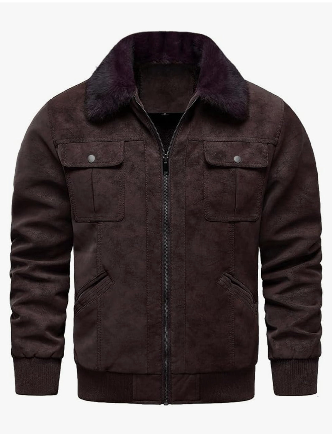 Men's Faux Suede Bomber Jacket, Fur Collar, Fleece Lining